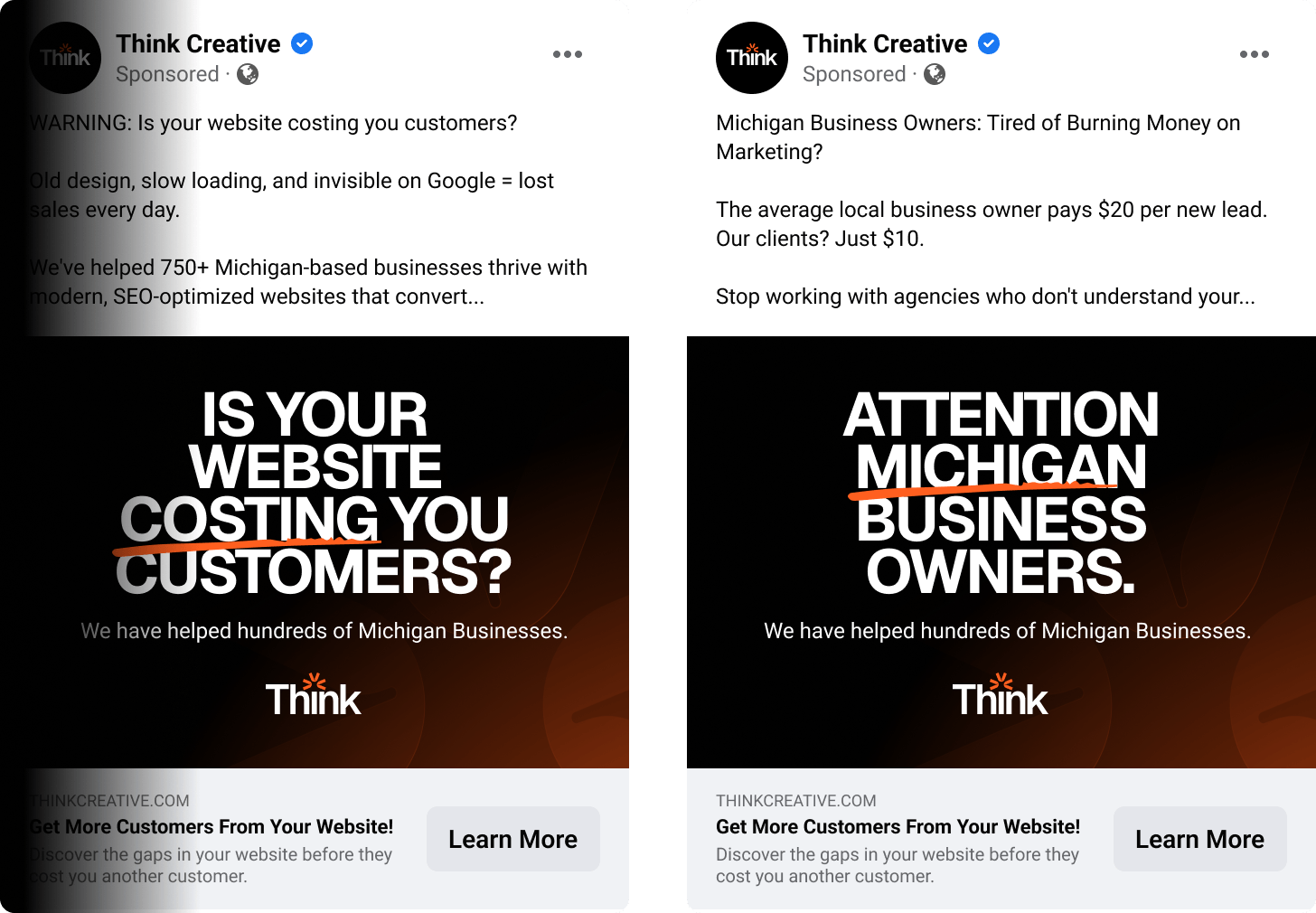 Facebook and Instagram ad campaign mockups from Think Creative clients