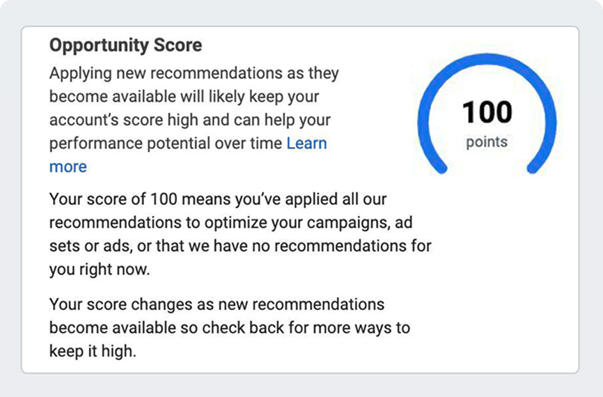 Facebook Ads opportunity score dashboard showing a perfect 100 points