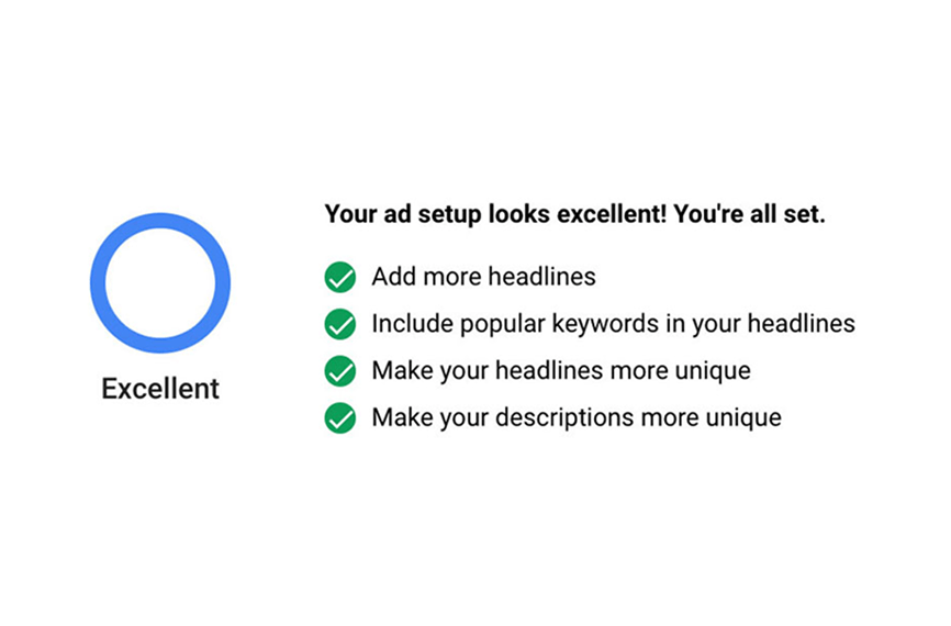 Google Ads optimization dialog showing Excellent ad setup score