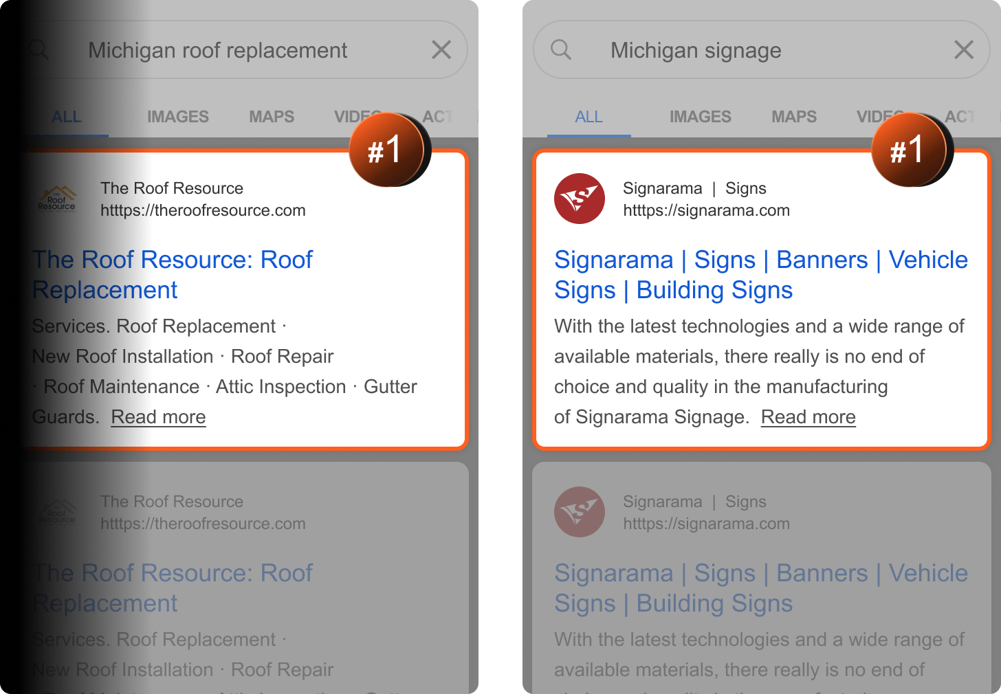 Example Google search results showing Think Creative clients ranking #1