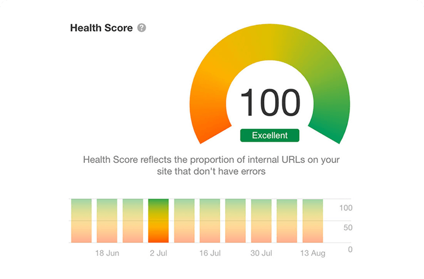 Site health score dashboard showing a perfect 100 — Excellent rating